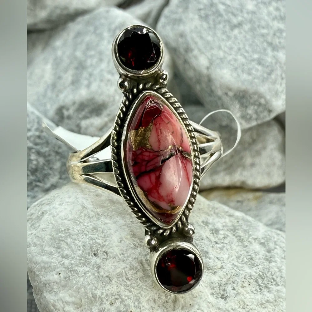 NWT Sterling Silver Red Dahlia Turquoise Garnet Ring Size 8 Boho Southwestern